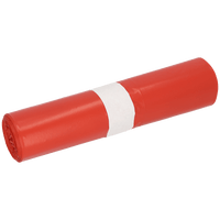 Un rollo de bolsas de basura rojas DEISS 91044 (tipo 70, 300+250 x 600 mm, paquete de 25 unidades) de EMIL DEISS KG (GmbH + Co.), sujetas con una sencilla cinta de papel blanca, representadas sobre un fondo blanco.