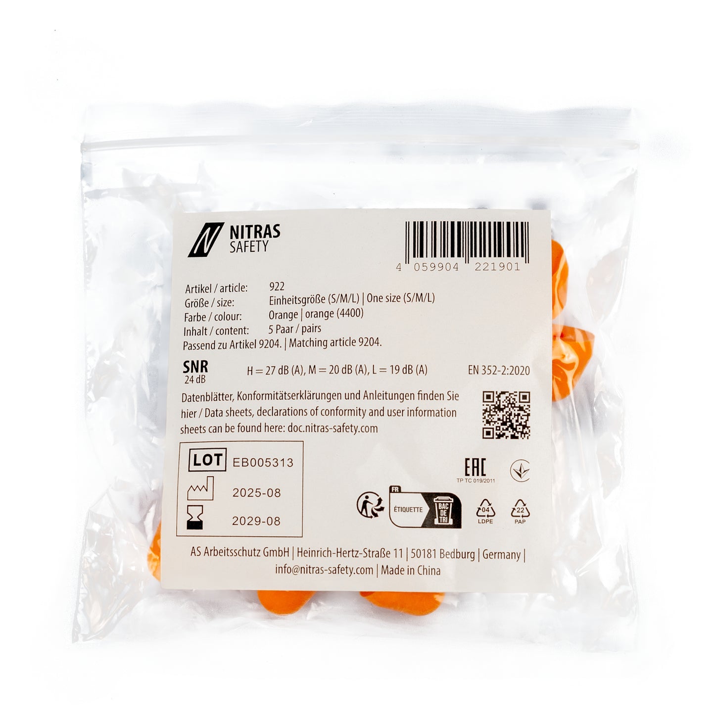 Tapones para los oídos NITRAS, naranja, EN 352, bolsa de plástico de 5 pares | Paquete (1 pieza)