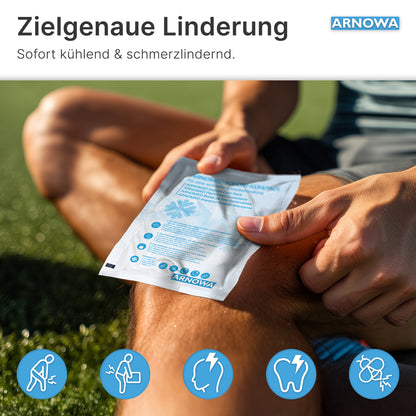 Eine Person sitzt im Gras und benutzt eine ARNOMED SOFORTKÄLTEKOMPRESSE der ARNOWA GmbH auf ihrem Knie. Verpackungssymbole zeigen Linderung bei Verletzungen; der deutsche Text hebt die gezielte Kältetherapie für sofortigen, effektiven Komfort hervor.