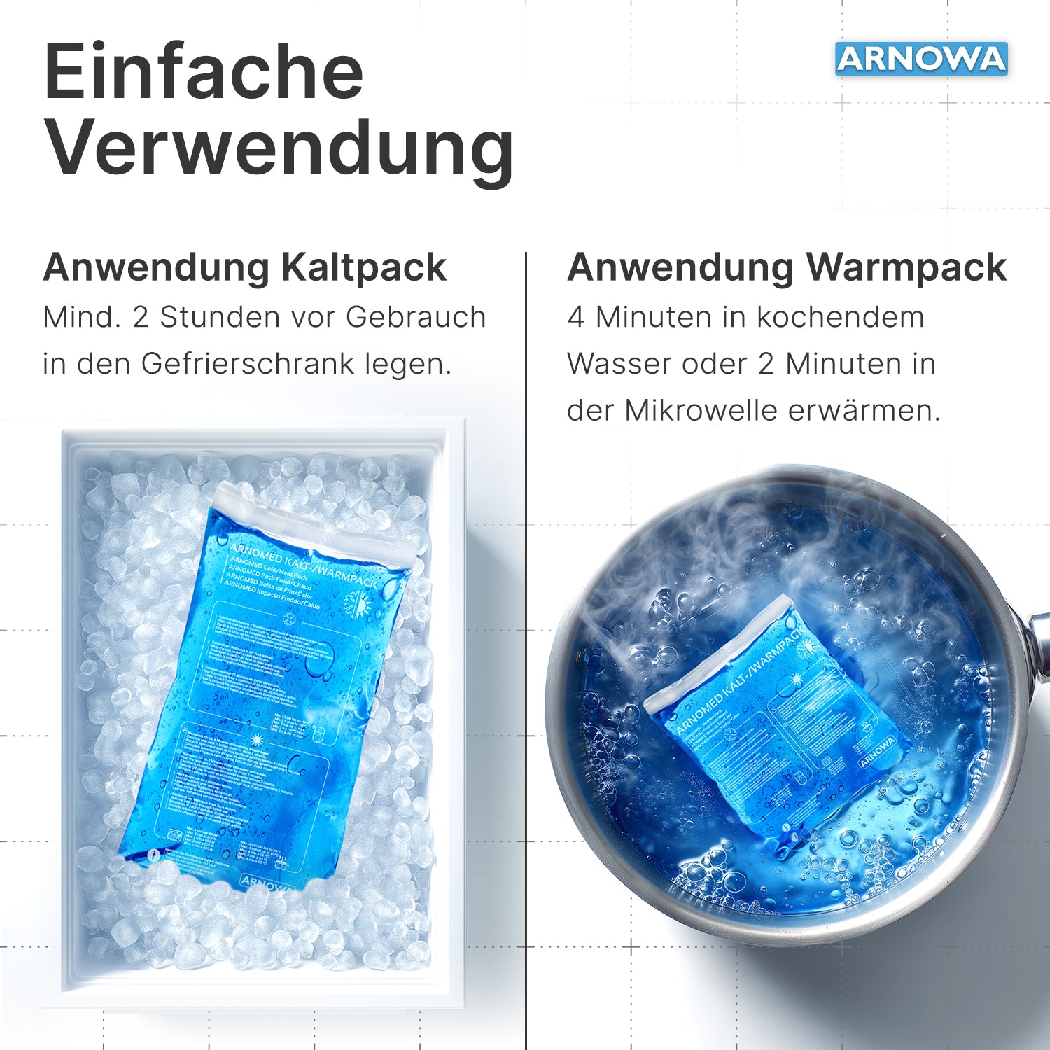 Ein ARNOMED KALT-/WARMPACK von ARNOWA GmbH kühlt in einer Eiswürfelschale, ein weiteres wird im Topf erhitzt - ideal für flexiblen Kälte- und Wärmeanwendung. Oben rechts ist das blaue ARNOWA-Logo sichtbar.