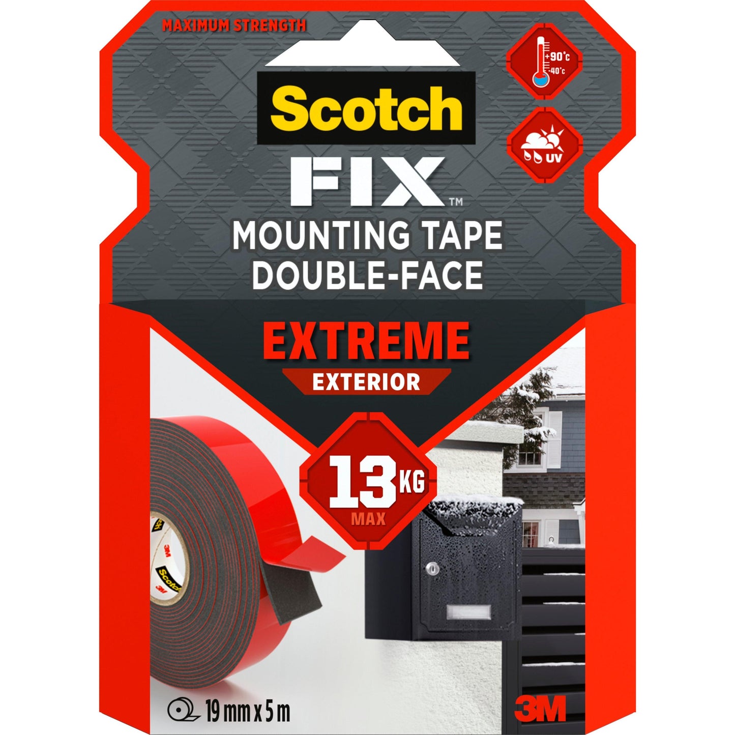 Eine Packung Scotch-FIX™ Extreme doppelseitiges Außenmontageband von 3M Deutschland GmbH (19 mm x 5 m) mit der Rolle, einem Briefkasten, Symbolen für die Temperatur- und UV-Beständigkeit und einem Etikett mit der maximalen Belastung von 13 kg.