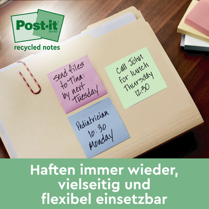 Eine Mappe enthält Papiere und drei Post-it® Recycling Notes (76 x 76 mm, 100 Blatt, 100% PEFC) mit handschriftlichen Notizen. Ein grünes Banner der 3M Deutschland GmbH unterstreicht die Vielseitigkeit und Wiederverwendbarkeit dieser umweltfreundlichen Notizen.