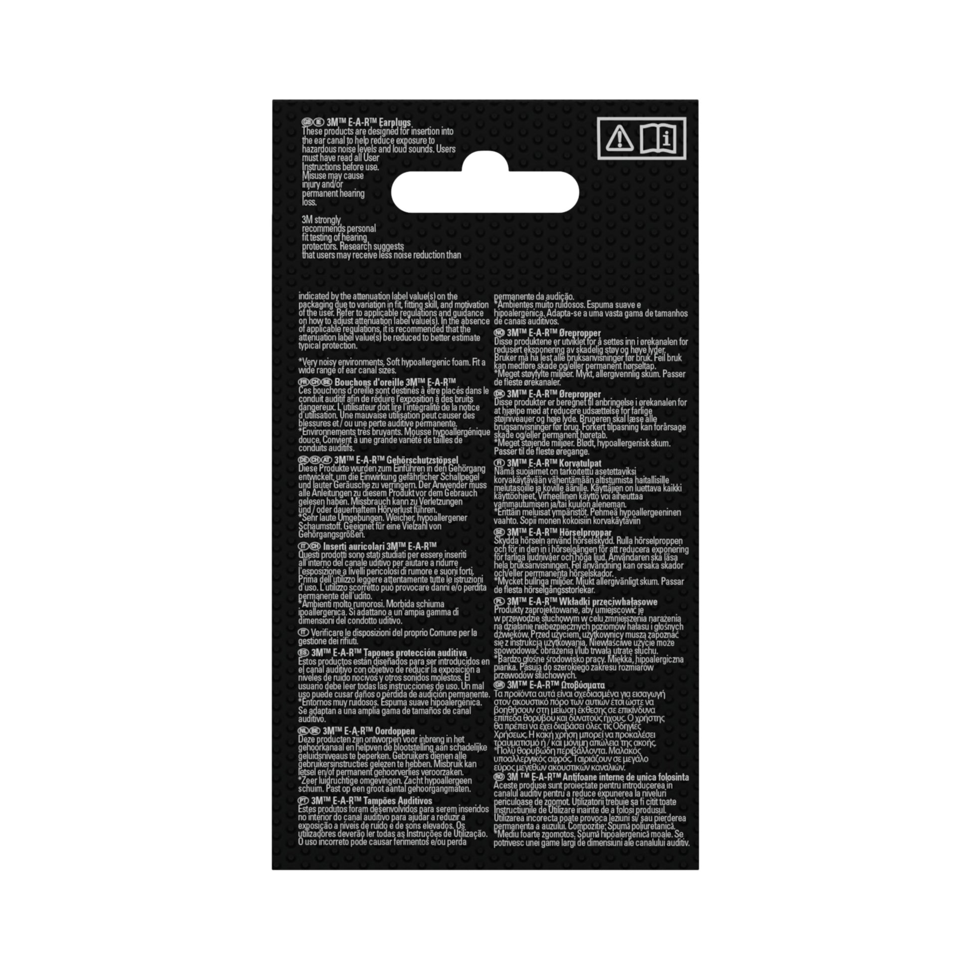 Das Bild zeigt die Rückseite einer schwarzen 3M™ Gehörschutzstöpsel E-A-Rsoft™ FX™-Verpackung (5 Paare, gelb, SNR 37 dB), mit kleinem weißen mehrsprachigen Text und Warnsymbolen der 3M Deutschland GmbH. Produktinformation und Anleitung sind vorhanden, aber nicht vollständig lesbar.