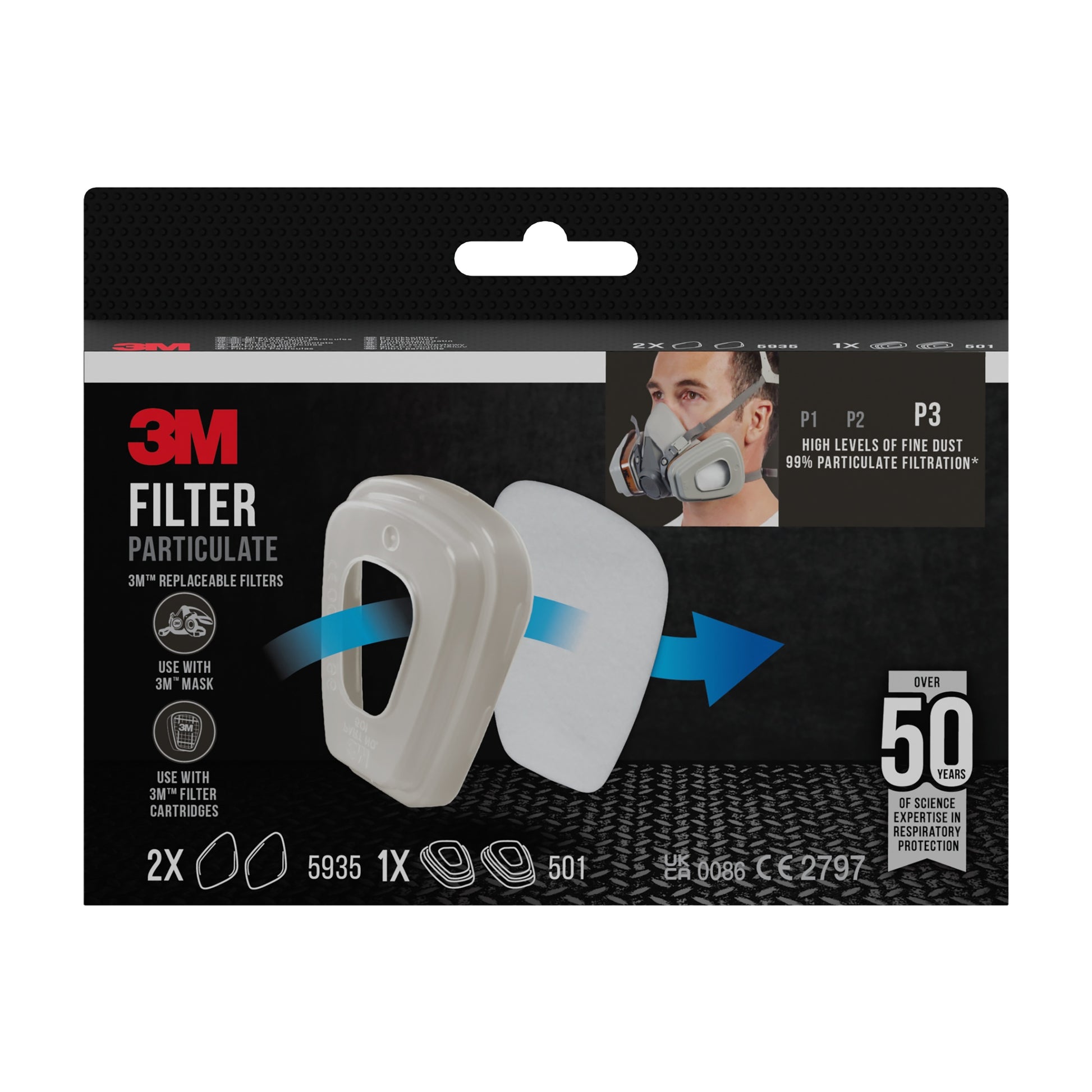 Rechteckige Packung von 3M™ Partikelfilter 5935, P3 (2 Paar), plus Filterhalterung 501 (1 Paar), von 3M Deutschland GmbH. Zeigt zwei weiße Filter und Halterung, mit Gebrauchsanweisung und Infos zum Schutz vor Feinstaub.