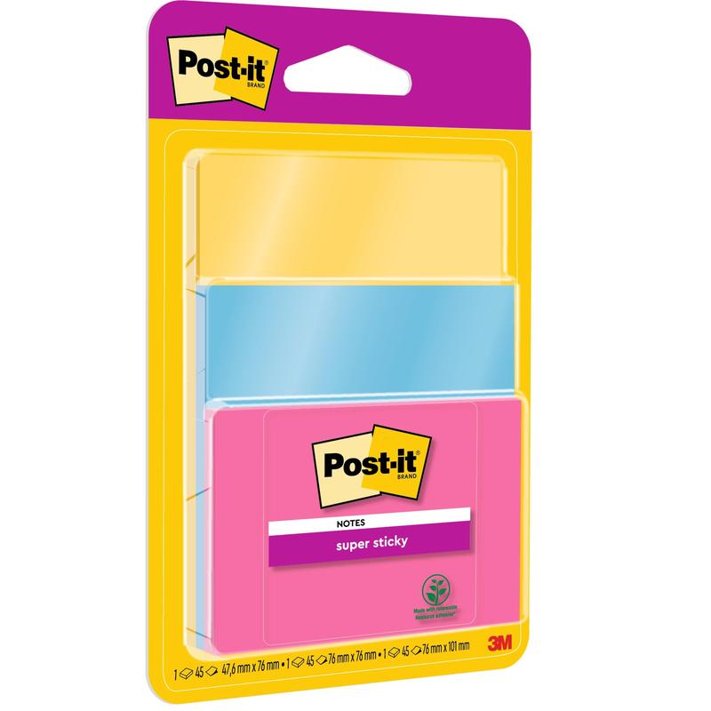 Un paquete de 3M Post-it® Super Sticky Notes, 3 bloques en diferentes colores y tamaños, con 45 hojas cada uno, certificado PEFC (SGSCH-PEFC-COC-110078), de 3M Deutschland GmbH.