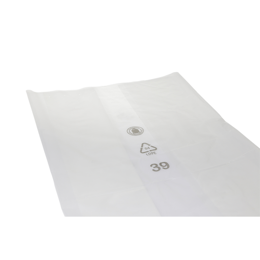 Transparenter DEISS PREMIUM Abfallsack 240 Liter der EMIL DEISS KG mit Recycling-Symbolen, der Zahl 39 und dem Aufdruck "04 LDPE" in Schwarz auf weißem Grund.