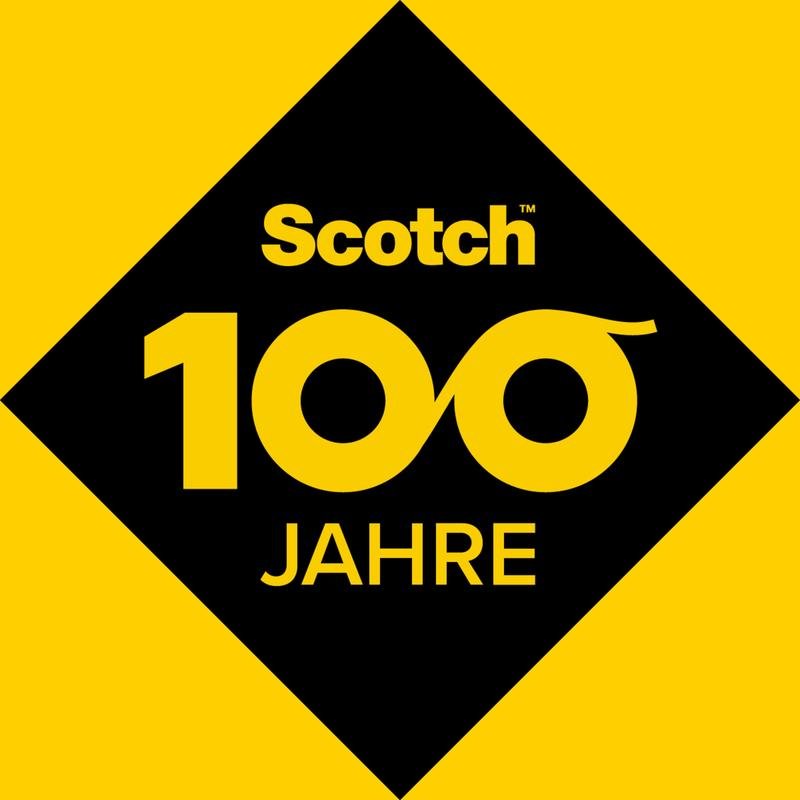 A black diamond on yellow shows the Scotch™ logo and "100 YEARS", with the zeros as infinity symbols, celebrating the Scotch™ DECO scissors (16.5 cm) from 3M Deutschland GmbH in green, blue, or pink - 1 per package.