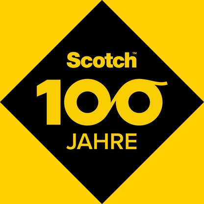 A black diamond on yellow shows the Scotch™ logo and "100 YEARS", with the zeros as infinity symbols, celebrating the Scotch™ DECO scissors (16.5 cm) from 3M Deutschland GmbH in green, blue, or pink - 1 per package.