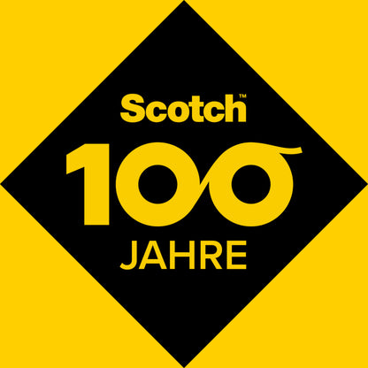 Das Logo für das Scotch® Isolierband universal (10 m x 15 mm) der 3M Deutschland GmbH zeigt "Scotch 100 Jahre" in Gelb und Schwarz, mit zwei Nullen als Unendlichkeitssymbol in einer schwarzen Raute auf gelbem Grund.