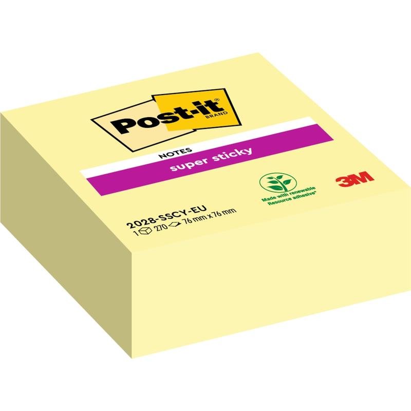 A yellow stack of Post-it® Super Sticky Notes Cube, 76x76mm from 3M Deutschland GmbH, shows the Post-it logo, the "Super Sticky" label, the recycling symbol, the environmental notice, the product code 2028-SSC-Y-EU, and a 3M logo.
