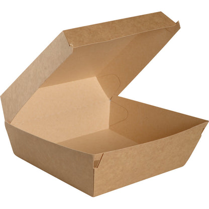 Die Abena Re-Seller GmbH Burger Box, Kraft, ist eine braune rechteckige Box aus recyceltem Kraftkarton. Geöffnet mit hochgeklapptem Deckel ist diese umweltfreundliche Snack Verpackung aus Papier ideal für nachhaltige Lebensmittelverpackungen.