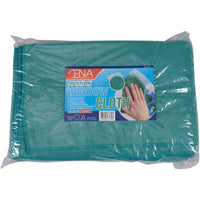 A 10-pack of Abena Re-Seller GmbH ENA Platinum microfiber window cleaning cloths, 40x50 cm, green, folded and shrink-wrapped in clear plastic, ensures streak-free cleaning and features the inscription "Green Platinum Window Cleaning Cloth" and an image of a hand wiping a window.