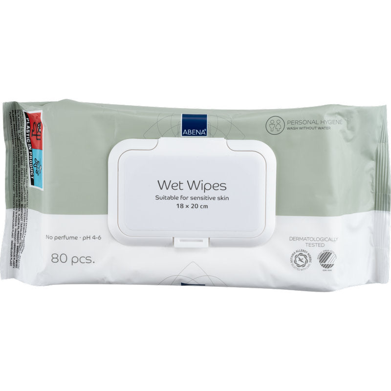Un paquete de 80 toallitas húmedas Abena Re-Seller GmbH (18x20 cm, blanco) con tapa resellable; sin perfume, pH 4-6, dermatológicamente probado - ideal para una limpieza suave en movimiento.