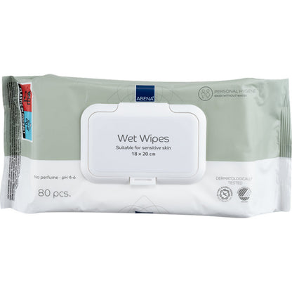 Un paquete de 80 toallitas húmedas Abena Re-Seller GmbH (18x20 cm, blanco) con tapa resellable; sin perfume, pH 4-6, dermatológicamente probado - ideal para una limpieza suave en movimiento.