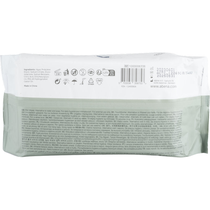 La parte trasera de un paquete de toallitas húmedas Abena Re-Seller GmbH, con tapa (80 piezas, 18x20 cm) muestra ingredientes, instrucciones de uso, información del fabricante, códigos de barras y símbolos en varios idiomas - ideal para limpieza en movimiento.