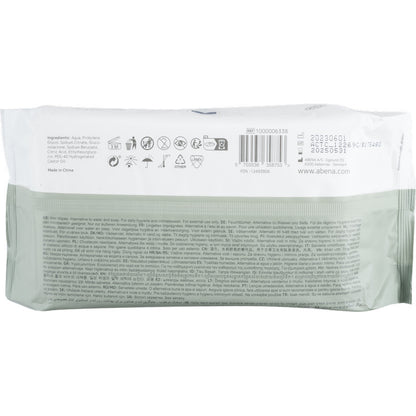 La parte trasera de un paquete de toallitas húmedas Abena Re-Seller GmbH, con tapa (80 piezas, 18x20 cm) muestra ingredientes, instrucciones de uso, información del fabricante, códigos de barras y símbolos en varios idiomas - ideal para limpieza en movimiento.