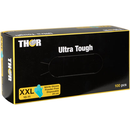 Eine Schachtel Thor Ultra Tough, Grün Nitrilhandschuhe von Abena Re-Seller GmbH, Größe XXL (10-11), puderfrei und Einweg, 24 cm lang, 100 Stück. Ideal für den Einsatz im Freien dank ihrer Strapazierfähigkeit. Box mit grünen Design-Akzenten.