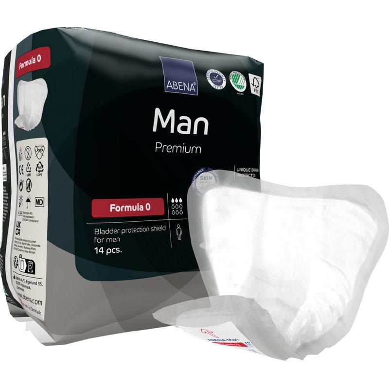 A 14-piece pack of ABENA Man Formula Premium from Abena Re-Seller GmbH. A sign is depicted outside the black-white-red packaging, designed for effective bladder protection for men.