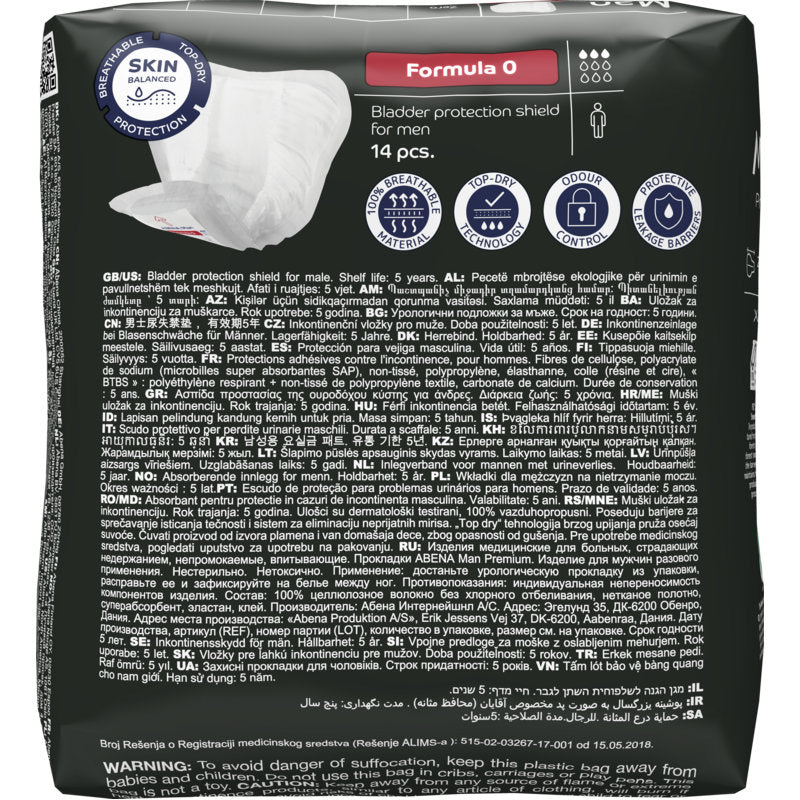 A 14-pack of ABENA Man Formula Premium from Abena Re-Seller GmbH, variant "Formula 0", with multilingual product information, instructions, and warnings on the packaging.
