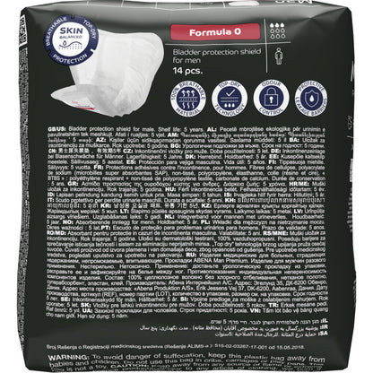 A 14-pack of ABENA Man Formula Premium from Abena Re-Seller GmbH, variant "Formula 0", with multilingual product information, instructions, and warnings on the packaging.