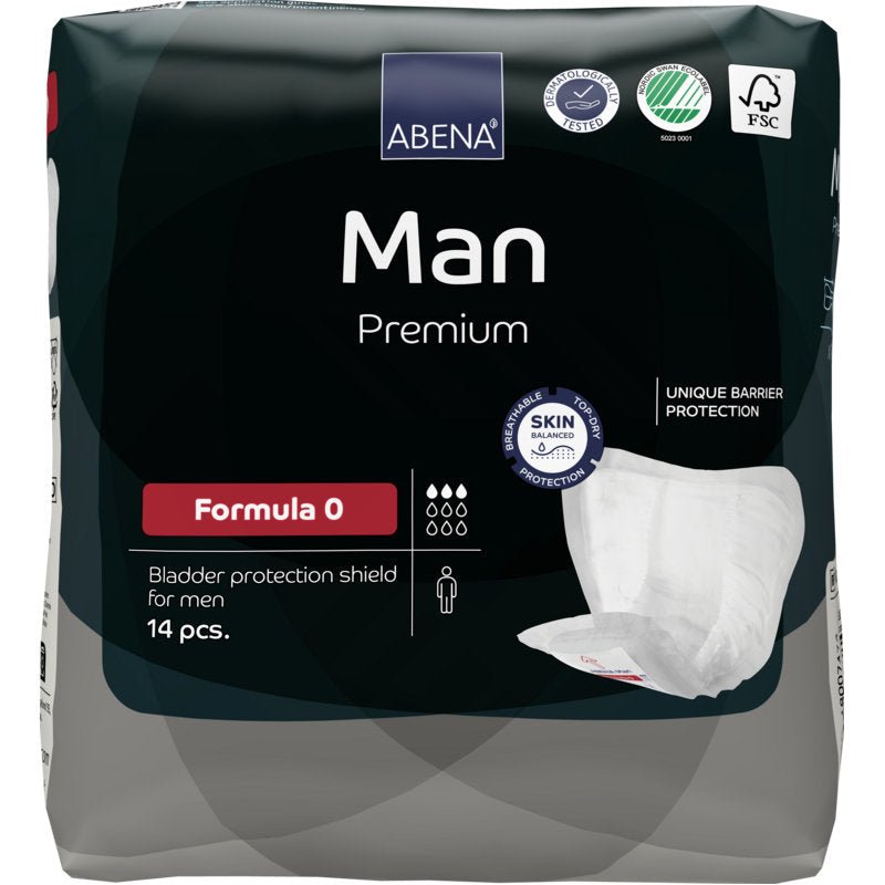 A 14-pack of ABENA Man Formula Premium from Abena Re-Seller GmbH, Formula 0, with unique barrier protection and skin-friendly certification logos on the packaging.
