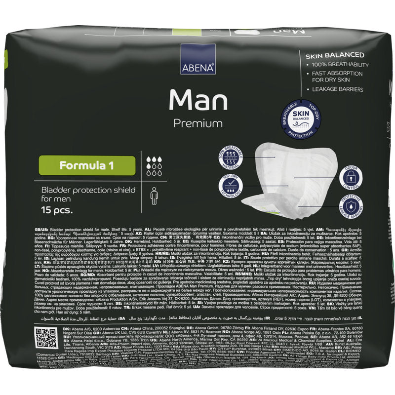 A 15-pack of ABENA Man Formula Premium from Abena Re-Seller GmbH, in plain black packaging with product details and images of male incontinence protection on the front.