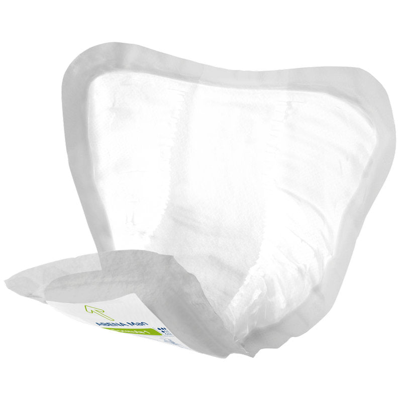 A close-up of the ABENA Man Formula Premium from Abena Re-Seller GmbH shows the contoured white insert with soft edges and a folded front revealing a partial label - an ideal disposable incontinence slip for men.
