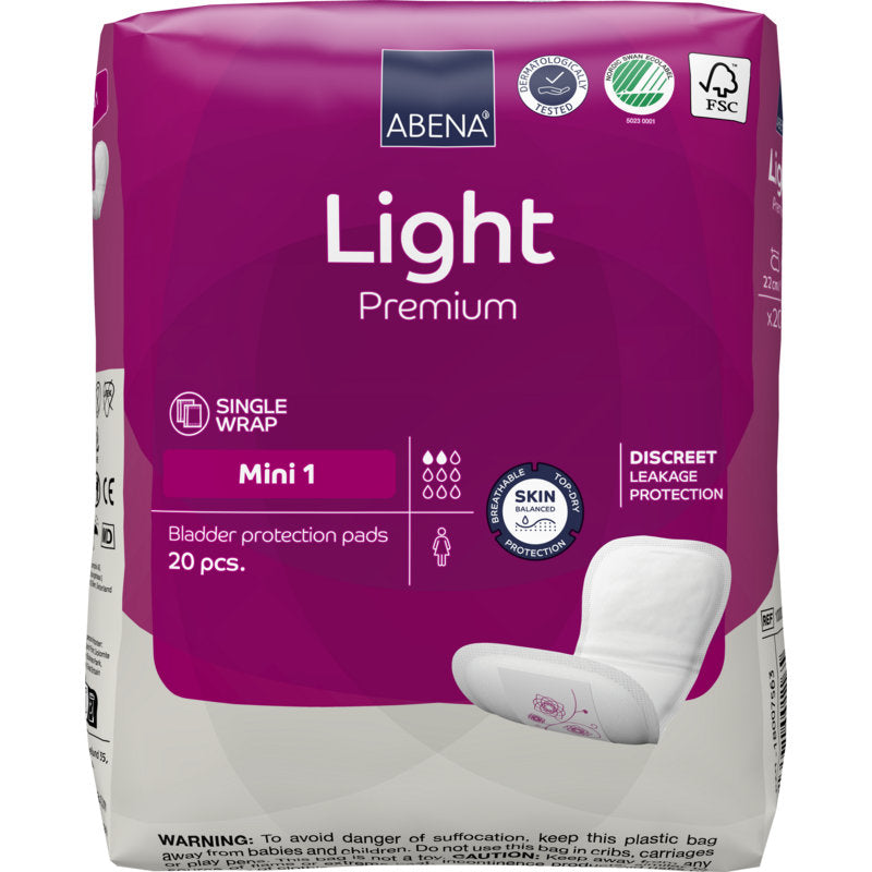 Eine Packung ABENA Light Mini 1, Premium von Abena Re-Seller GmbH enthält 20 Pads für leichte Inkontinenz. Die violette Packung verfügt über eine Einzelverpackung und einen diskreten Auslaufschutz mit klarer weißer Schrift und Symbolen.