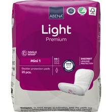 Eine Packung ABENA Light Mini 1, Premium von Abena Re-Seller GmbH enthält 20 Pads für leichte Inkontinenz. Die violette Packung verfügt über eine Einzelverpackung und einen diskreten Auslaufschutz mit klarer weißer Schrift und Symbolen.