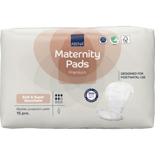 Eine Packung ABENA Maternity Pad, Premium von Abena Re-Seller GmbH enthält 15 weiche, super saugfähige Binden für den Einsatz nach der Geburt und ist mit verschiedenen Zertifizierungslogos versehen.