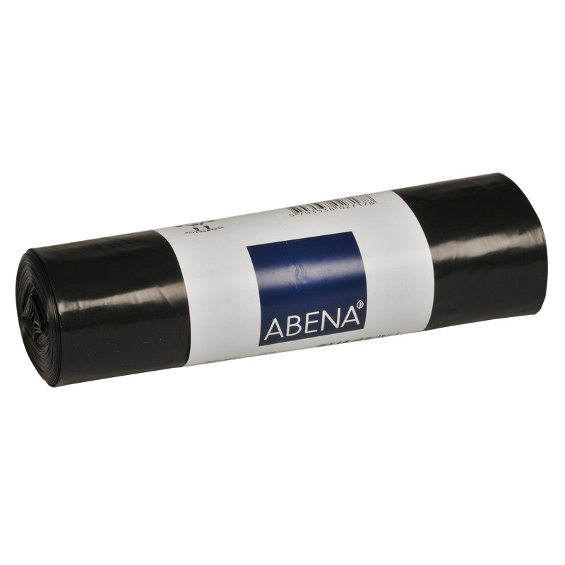 Un rollo de bolsas de basura negras con una impresión blanco-azul de la marca Abena Re-Seller GmbH con la denominación "Bolsas de basura para Sækko Boy 120, 35 my LLDPE".