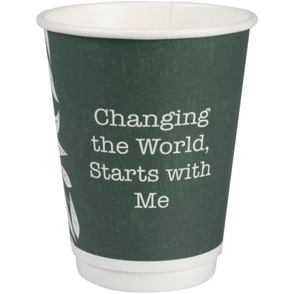 The Abena Re-Seller GmbH coffee cup Double Wall Bio "Green Leaves" is a green, eco-friendly cup with white text "Changing the World, Starts with Me" and a partial white leaf design on the left side.