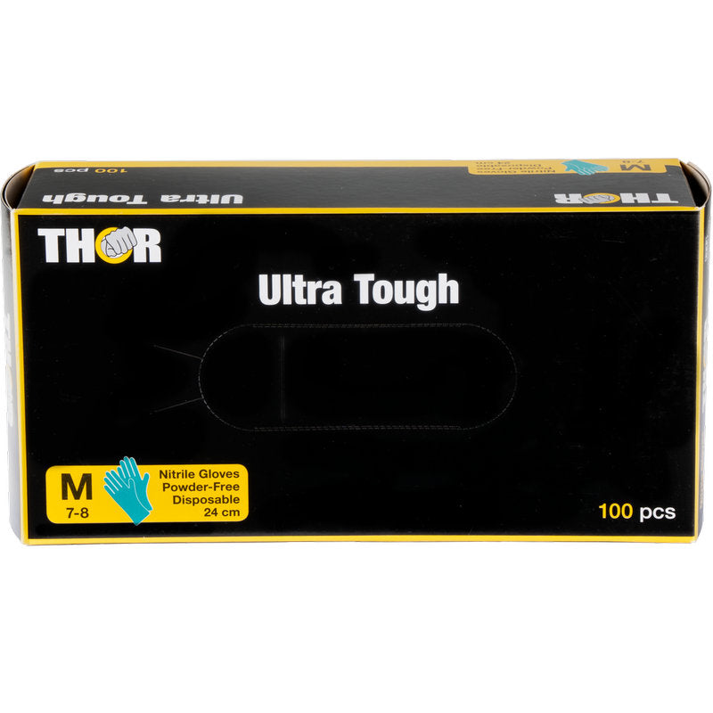 Eine grüne Box mit der Aufschrift "Thor Ultra Tough" von Abena Re-Seller GmbH enthält 100 mittelgroße, puderfreie Einweg-Nitrilhandschuhe (24 cm) - das langlebige Produkt ideal für Outdoor-Aktivitäten.