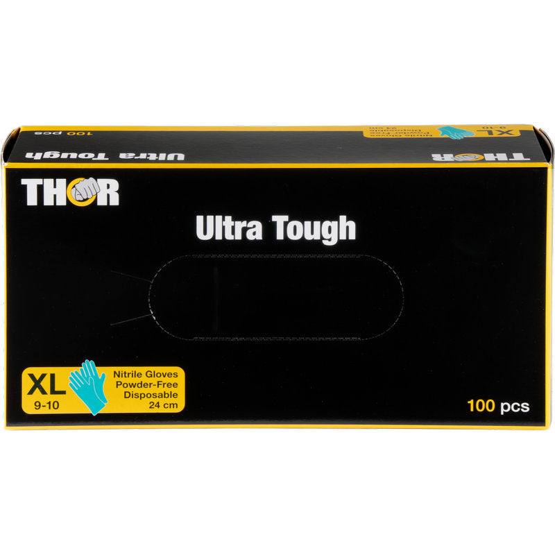 Eine grüne Box mit der Aufschrift Thor Ultra Tough" der Abena Re-Seller GmbH enthält 100 puderfreie Einweghandschuhe aus Nitril in der Größe XL (9-10) mit gelben und blauen Akzenten - ideal für Aktivitäten im Freien.