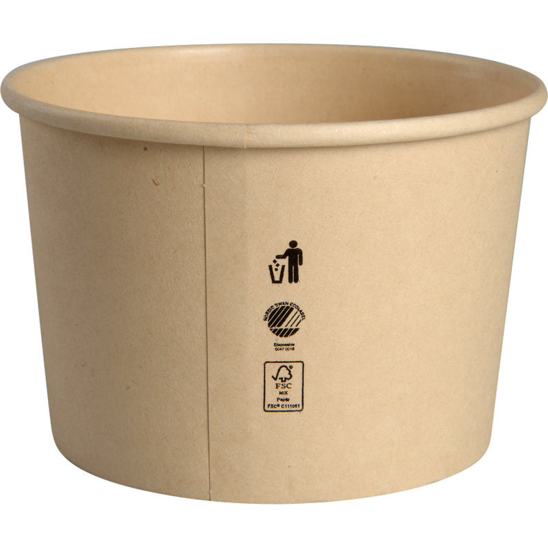 Der Abena Re-Seller GmbH Eisbecher 120 ml, Pappe/PE ist ein schlichter brauner Becher mit PE-Beschichtung, der auf der Vorderseite mit drei schwarzen Recycling- und Kompostierungssymbolen versehen ist. Der leere Behälter ist auf weißem Hintergrund abgebildet.