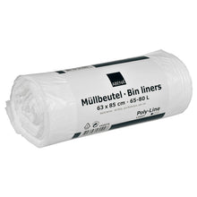 Eine Rolle Abena Re-Seller GmbH Müllbeutel 65-80 L, 630x850 mm, 8 my HDPE in weiß (40 Beutel), beschriftet mit "Müllbeutel - Bin liners" in Deutsch und Englisch, ausgestellt vor weißem Hintergrund.
