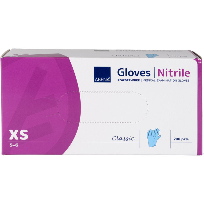 Eine rechteckige Box Nitril-Handschuhe Classic, puderfrei, blau von Abena Re-Seller GmbH (Größe XS, 5-6) enthält 200 Handschuhe - ideal für medizinische Einrichtungen. Die überwiegend weiße Box hat links einen violetten Bereich.