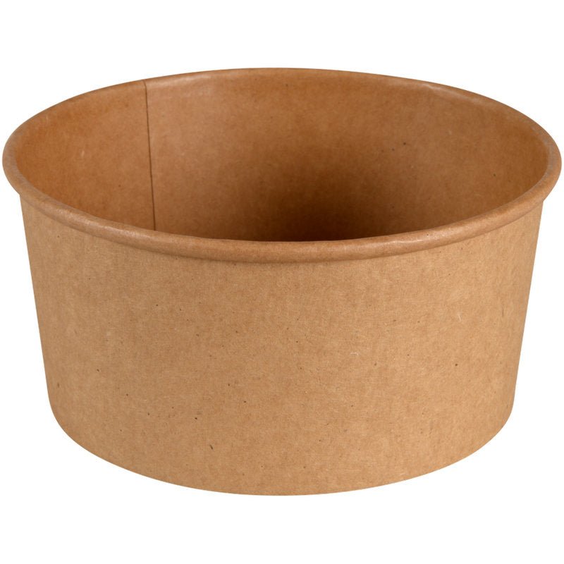 El tazón, 730 ml, ø 14,5 cm de Abena Re-Seller GmbH de Kraft/PE marrón tiene una superficie lisa y un borde enrollado. Ideal como tazón para llevar. Paquete de 50 unidades.
