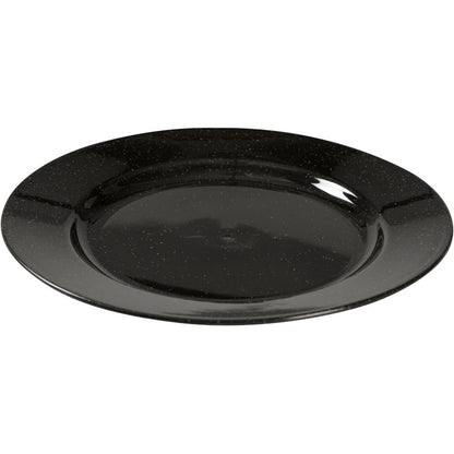 Mehrwegstaller, svart fra Abena Re-Seller GmbH er en rund, svart glanset tallerken med diskret hevet kant - et miljøvennlig alternativ for bordet ditt, vist i enkelt design på hvit bakgrunn.