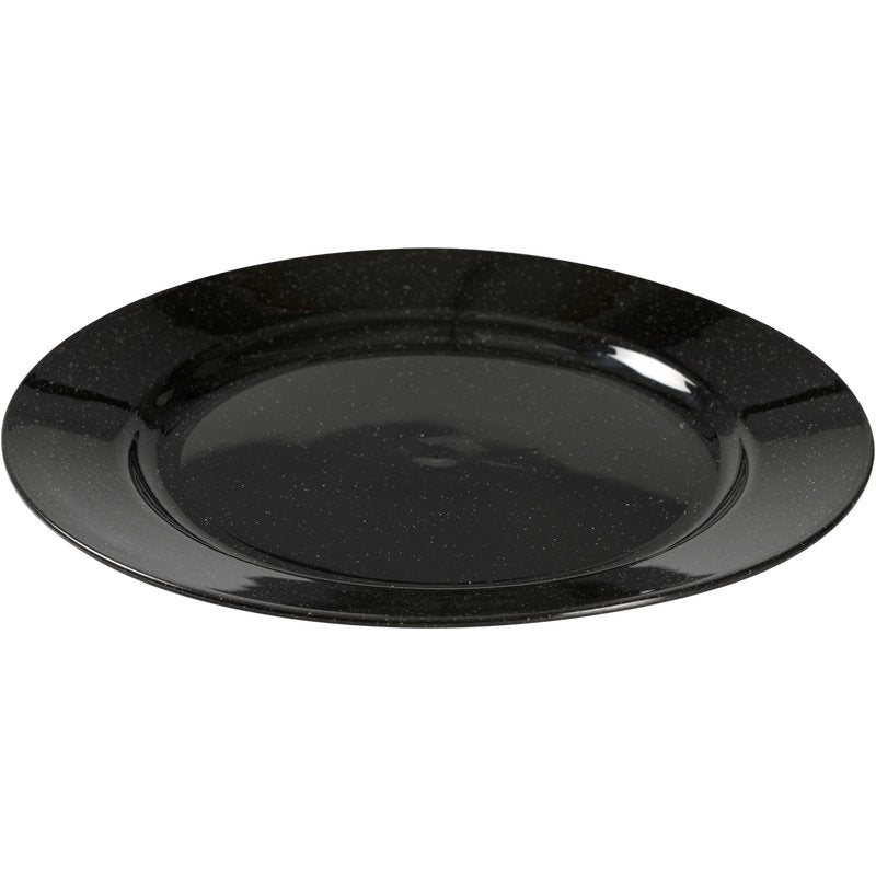 Abena Re-Seller GmbH Mehrwegstaller, svart kjennetegnes av en glanset, svart flekket overflate og et rundt design - et miljøvennlig alternativ for stilfull servering, vist på hvit bakgrunn.