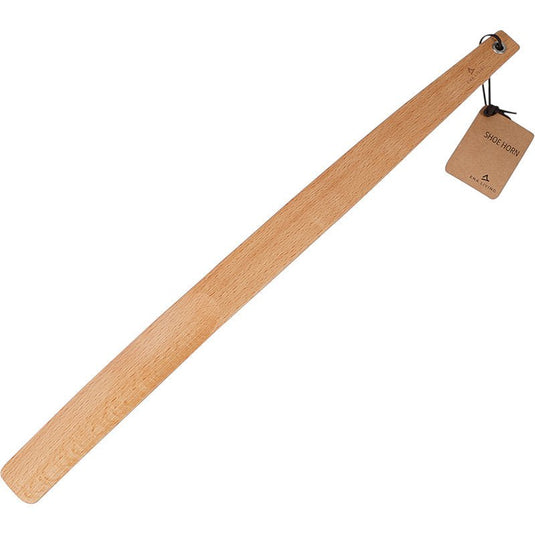 The ENA Living shoehorn with handle, 55 cm, beech wood, from Abena Re-Seller GmbH has a flat, smooth surface and a hanging hole with a brown "shoehorn" tag attached by a string. Available in boxes of 12.