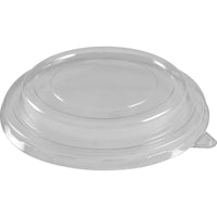 A transparent, round RPET lid for a tray (ø14.5 cm) from Abena Re-Seller GmbH with a raised center and a small tab, shown on a white background. Pack of 50.
