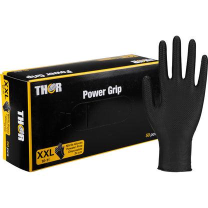 Eine schwarze Schachtel mit der Aufschrift "Thor Power Grip, Schwarz" der Abena Re-Seller GmbH in Größe XXL enthält 50 schwarze Nitrilhandschuhe zum Krafttraining oder Gewichtheben. Ein Handschuh steht aufrecht neben der Schachtel.