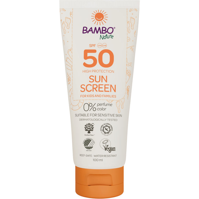Un tubo de 100ml de crema solar Bambo Nature SPF50 de Abena Re-Seller GmbH, sin colorantes ni perfumes, dermatológicamente probado, vegano, seguro para los arrecifes e ideal para piel sensible. 6 paquetes en la caja.