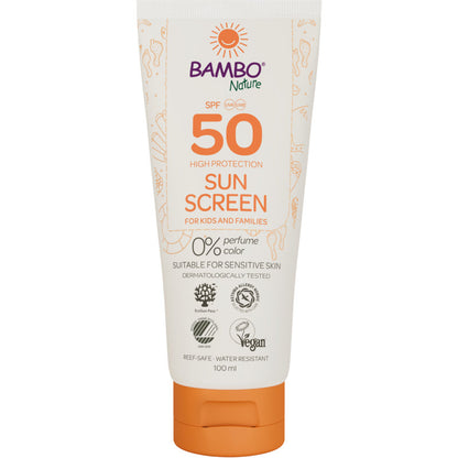 Un tubo de 100ml de crema solar Bambo Nature SPF50 de Abena Re-Seller GmbH, sin colorantes ni perfumes, dermatológicamente probado, vegano, seguro para los arrecifes e ideal para piel sensible. 6 paquetes en la caja.