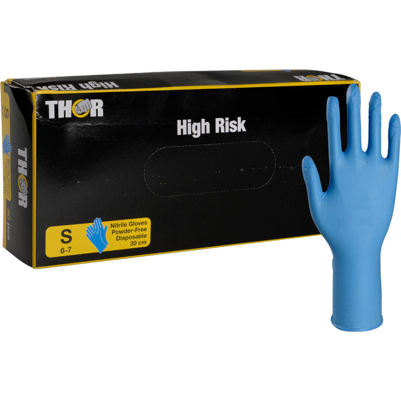 Eine schwarze Schachtel mit der Aufschrift "Thor High Risk Nitril-Handschuhe, Blau, 30 cm" der Abena Re-Seller GmbH und der Aufschrift Größe S (6-7), puderfrei, Einmalhandschuhe - ideal für den Chemikalienschutz - steht aufrecht neben einem blauen Nitrilhandschuh.