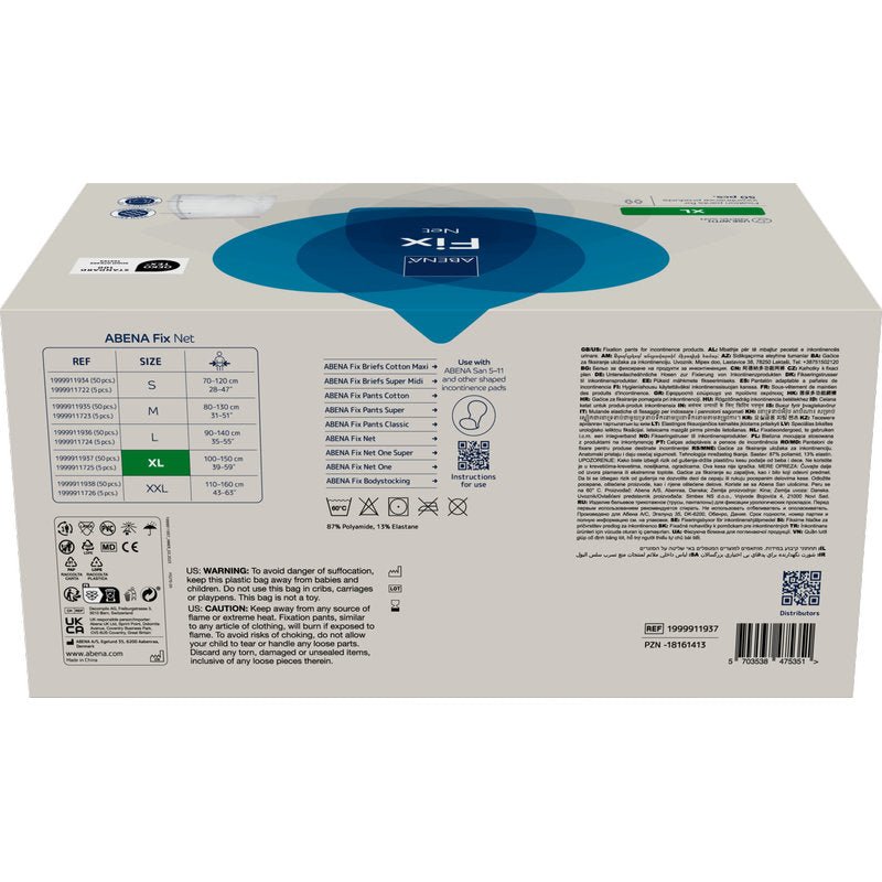 The back of an ABENA Fix Net fixing pants package by Abena Re-Seller GmbH contains size information, application instructions, diagrams, multilingual instructions, a barcode, and warnings. The predominantly white box is accented with blue and green for incontinence products.