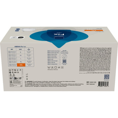 A rectangular box with fixing pants, ABENA Fix, Net by Abena Re-Seller GmbH, an essential incontinence product. The white packaging with blue accents shows product details, size chart, and multilingual instructions.