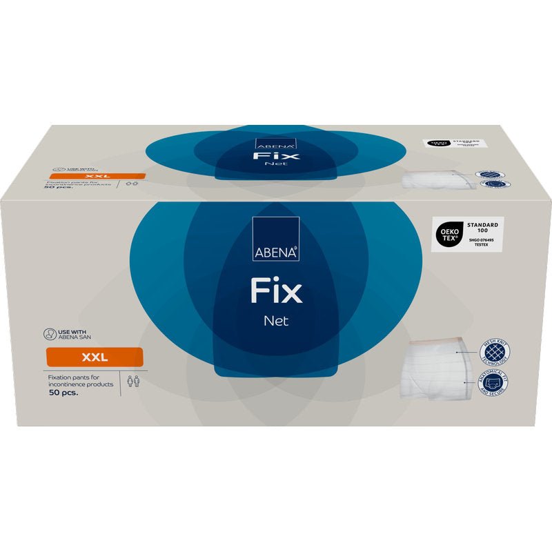 A rectangular box with fixing pants, ABENA Fix, Net by Abena Re-Seller GmbH, size XXL, contains 50 pieces. The predominantly white box with blue and orange accents shows product details - ideal as reliable incontinence products.