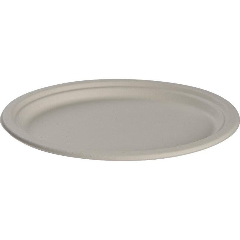 An oval, white bagasse plate (20 x 26 cm) from Abena Re-Seller GmbH, photographed against a white background. This eco-friendly plate comes in a pack of 50 and is ideal for environmentally conscious events.